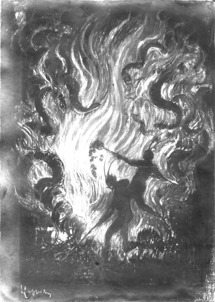 1912 - Deux diablotins enfournent du charbon dans la gueule enflammée du diable .