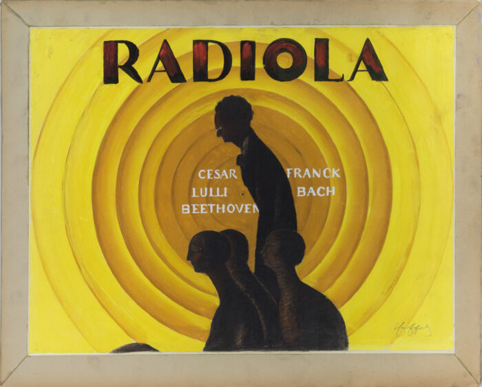 1929 - Des silhouettes sombres  sont à l'écoute dans un environnement de cercles concentriques matérialisant les ondes radio.