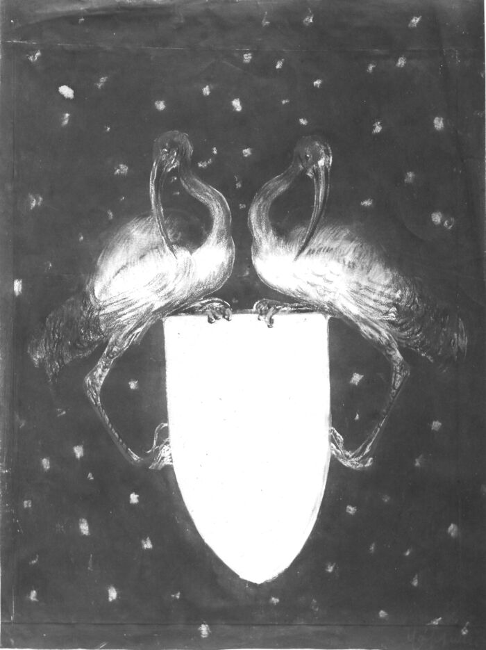 1912 - Initialement (Voir photo noir et blanc) l'idée de Cappiello est d'entourer un blason avec deux oiseaux. Leur long bec doit créer la surprise. A l'intérieur du blason il mettra le produit à commercialiser.