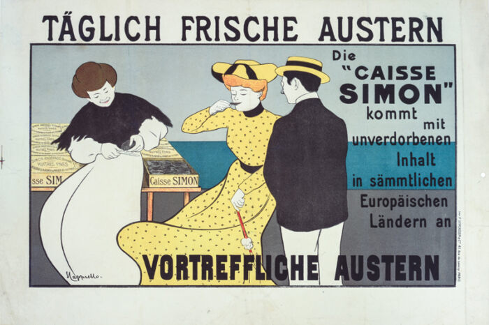 soeurs du peintre Alfredo Müller. Camille Müller est la belle-soeur de Cappiello. Elle et Oreste se sont mariés le 3 mars 1900 à Paris 17ème.  "Le croquis de cette affiche a été fait en juin 1901 et payé 500F à l'artiste. Si dans l'ensemble des affiches de Cappiello