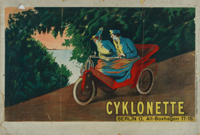 1905 ca. - Un couple se promène en Cyklonette et admire avec bonheur la vue sur la mer. - Leonetto Cappiello