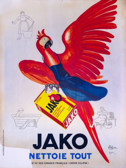1932 - Un perroquet serre dans ses griffes un paquet de lessive Jako. Avec trois dessins en filigrane dans le fond