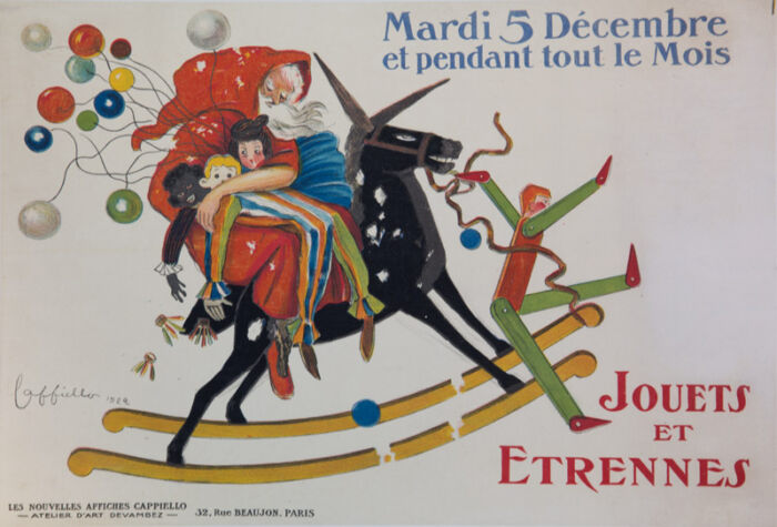 un Père Noël tient dans ses bras de multiples jouets. - Leonetto Cappiello