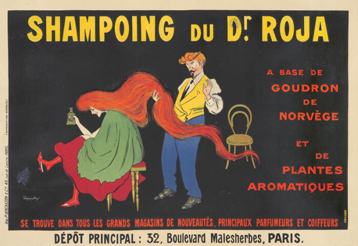 1907 - Une femme montre sa chevelure exubérante à un coiffeur. Il est surpris par l'importance et la qualité des cheveux. Elle tient à la main le flacon de shampoing qu'elle a utilisé. - Leonetto Cappiello