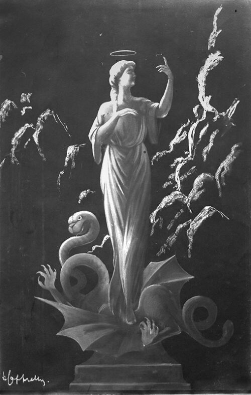 1906 ca. - Il pourrait s'agir de Sainte Marguerite ayant terrassé le démon dans une grotte d'où jaillirait une source d'eau - Leonetto Cappiello