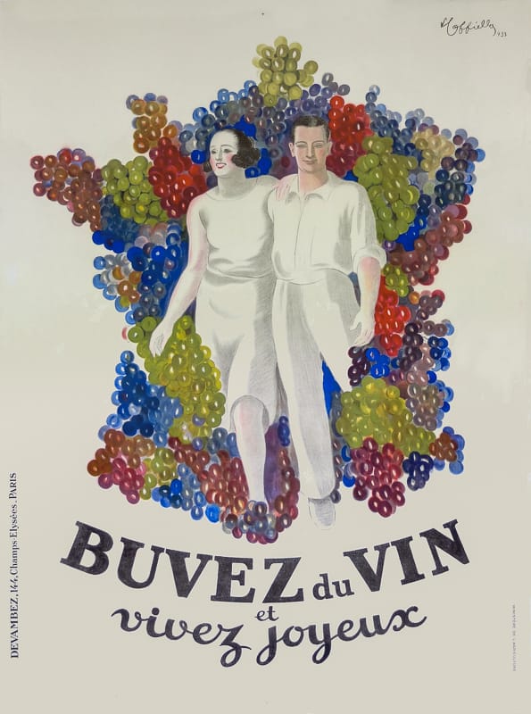 Buvez du Vin, 1933 par Cappiello. Un couple de Français bras dessus, bras dessous, sort d'une France débordant de raisins.