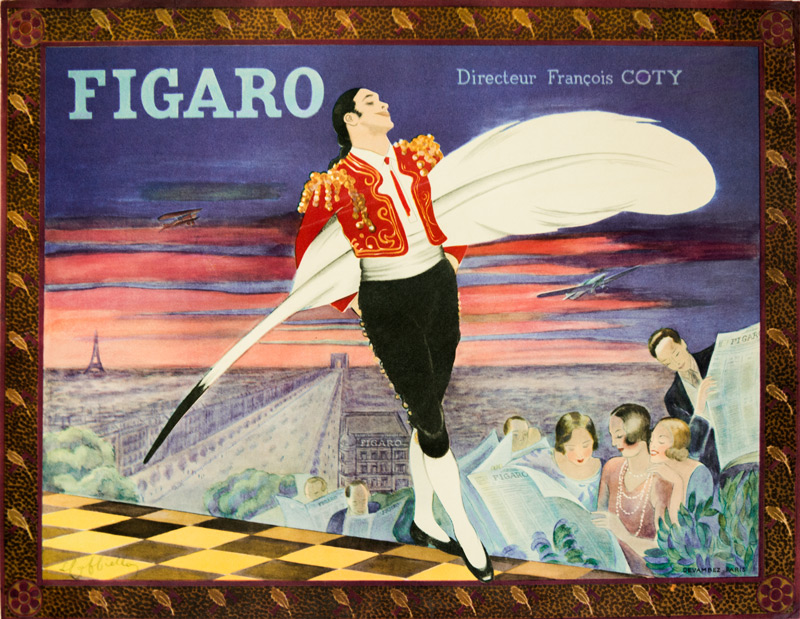 Figaro, 1922 par Cappiello. Figaro se déplace sur une terrasse qui surplombe l'avenue des Champs-Elysées, la Tour Eiffel et Paris. Il a un air critique et une grande plume d'oie pour rédiger ses articles. De nombreux lecteurs l'entourent. A la demande de François Coty, directeur du journal, les avions : le "Point d'Interrogation" et le "Trait d'Union" ont été enserrés dans le ciel parisien (Cf. "Les Maitres de l'opinion : Figaro, l'Ami du Peuple"par G. Charensol publié dans les Nouvelles Littéraires du 15/10/1932).