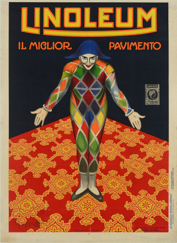 Linoleum, 1924 par Cappiello. Arlequin présente un tapis de sol orné d'un motif géométrique.