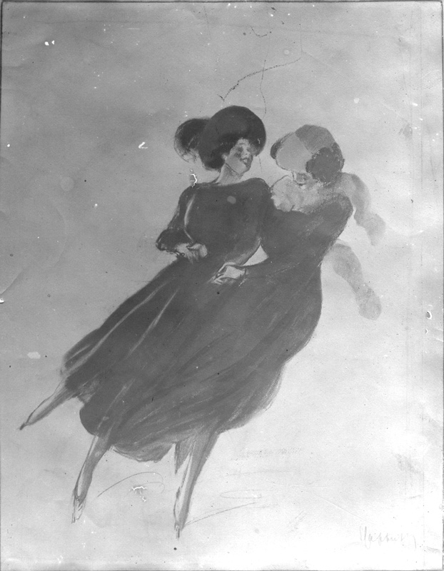 Affiche publicitaire : Patinage,  - Deux jeunes femmes en patin à glace, main dans la main, exécutent ensemble des figures. - par Leonetto Cappiello